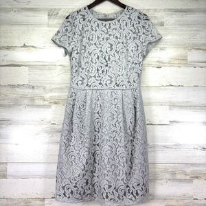 J Crew Alisa Light Gray Leavers Lace Overlay Short Sleeve Fit & Flare Dress 10